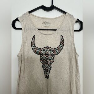 NATURAL LIFE Cream Tank with Tribal Bull Skull Graphic